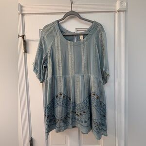 Anthropologie RAGA Dusty Blue Embroidered Peasant Tunic